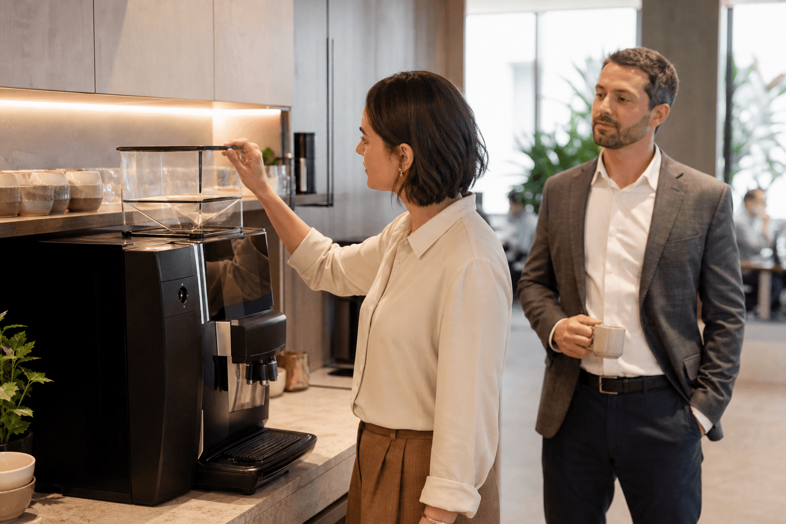 Máquina profissional de café integrada a um ambiente corporativo moderno