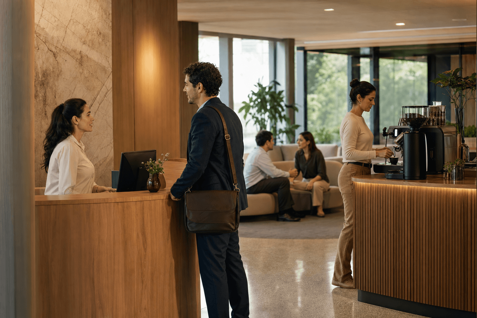Equipe em ambiente corporativo acolhedor compartilhando uma experiência de café